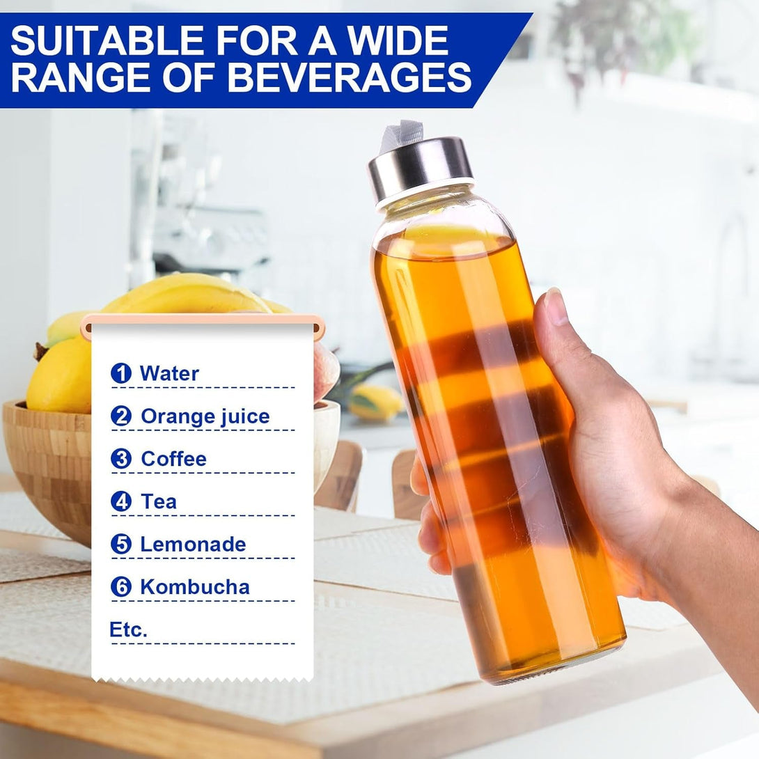 3 Packs Glass Water Bottles with Lid Clear Juice Bottles Reusable Bottle with Stainless Steel Cap Glass Cups Liquid Storage Containers for Juicing Beverage Refrigerator Travel-18Oz