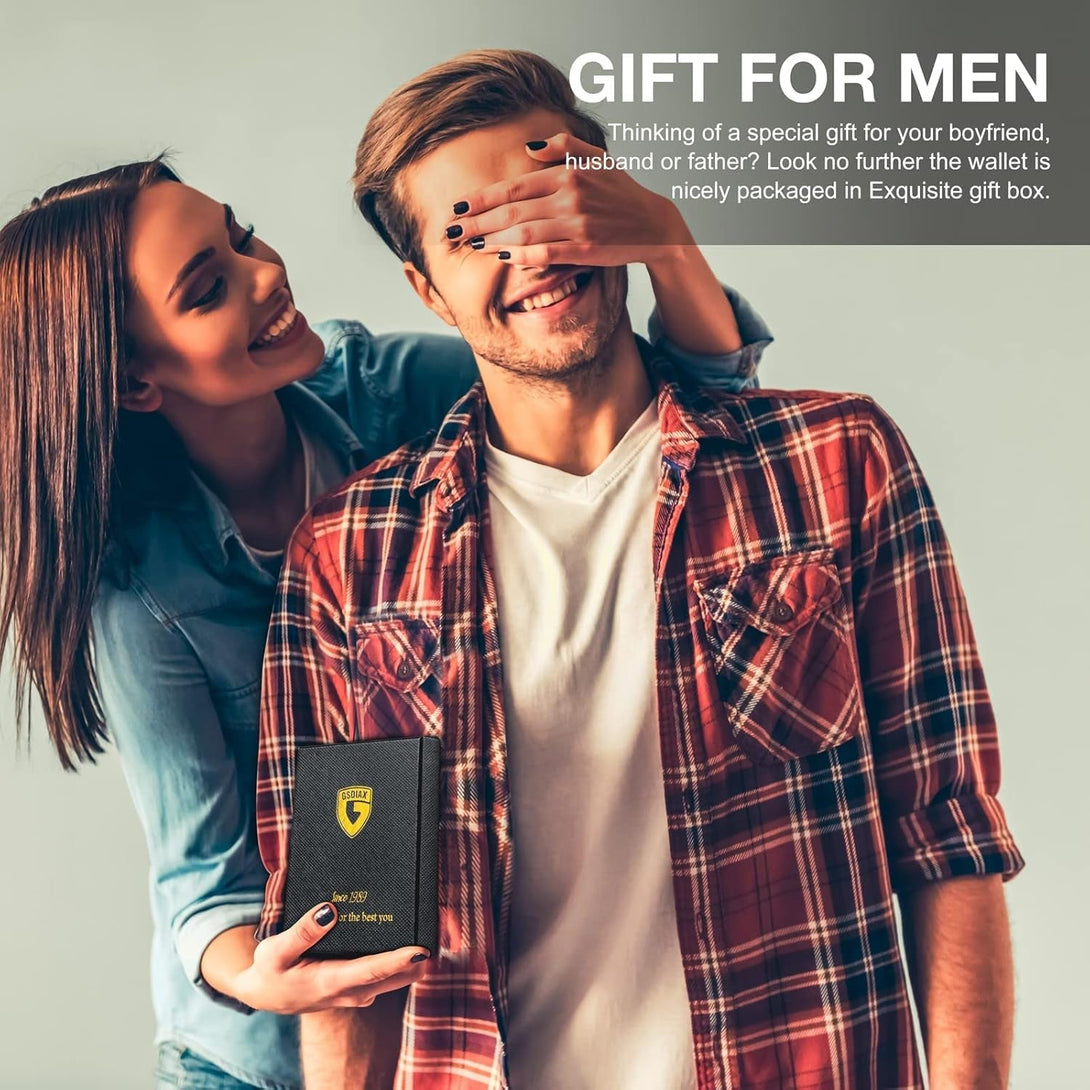 GSOIAX Mens Slim Wallet for Men Minimalist Genuine Leather Carbon Fiber Rfid Blocking Bifold Credit Card Holder with Gift Box (Carbon Black and Orange)
