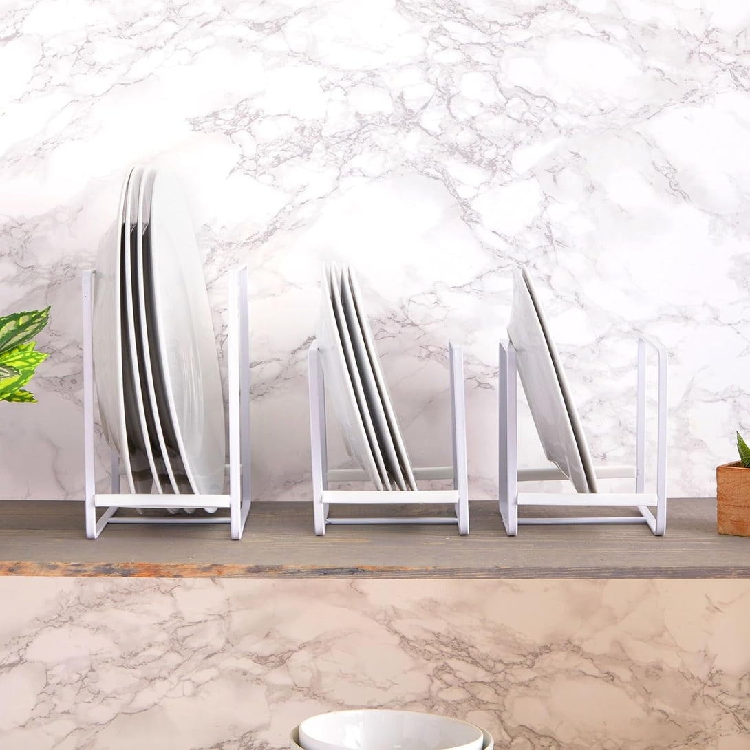 Juvale 3 Piece Plate Organizer for Kitchen Cabinet, Shelf, 2 Sizes for Pots, Pans, Cutting Boards (White) - Plate Rack