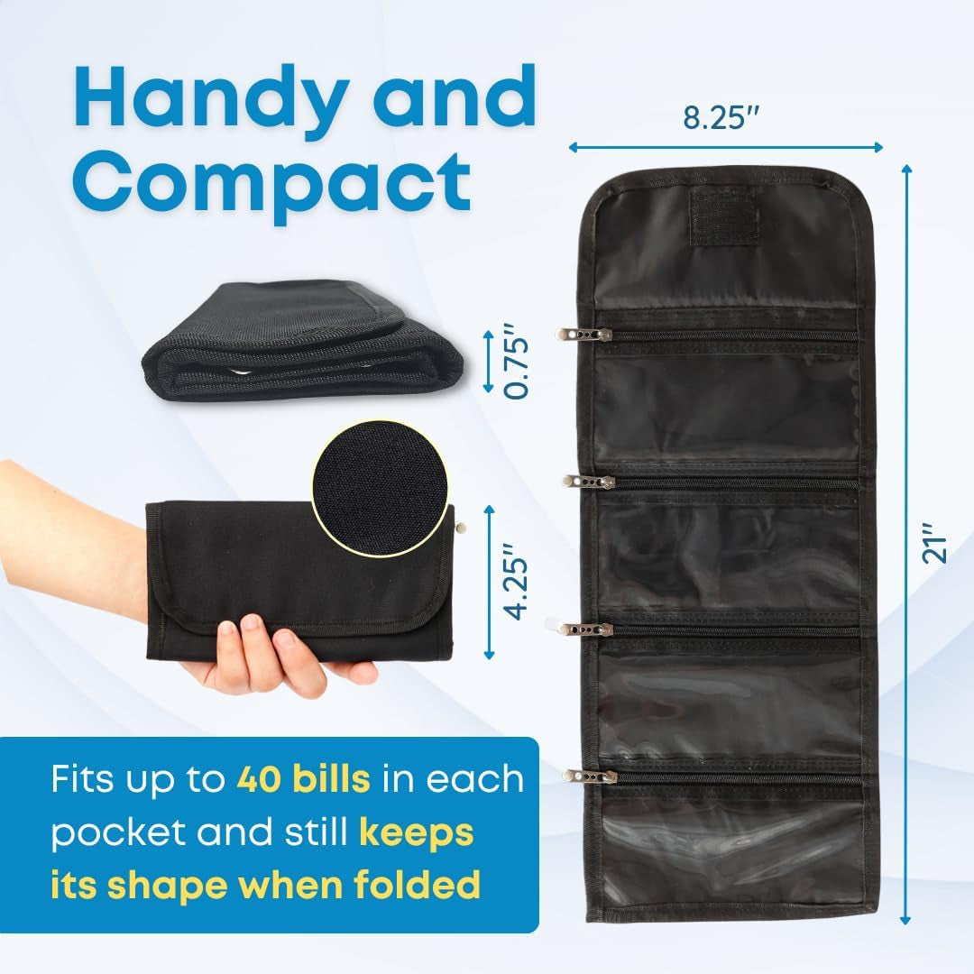 Money Wallet Organizer for Cash with 4 Zippered Pockets - Cash Bag with Dividers - Handy Currency Organizer - Money Holder for Bills, Coins, Foreign Currencies - Black
