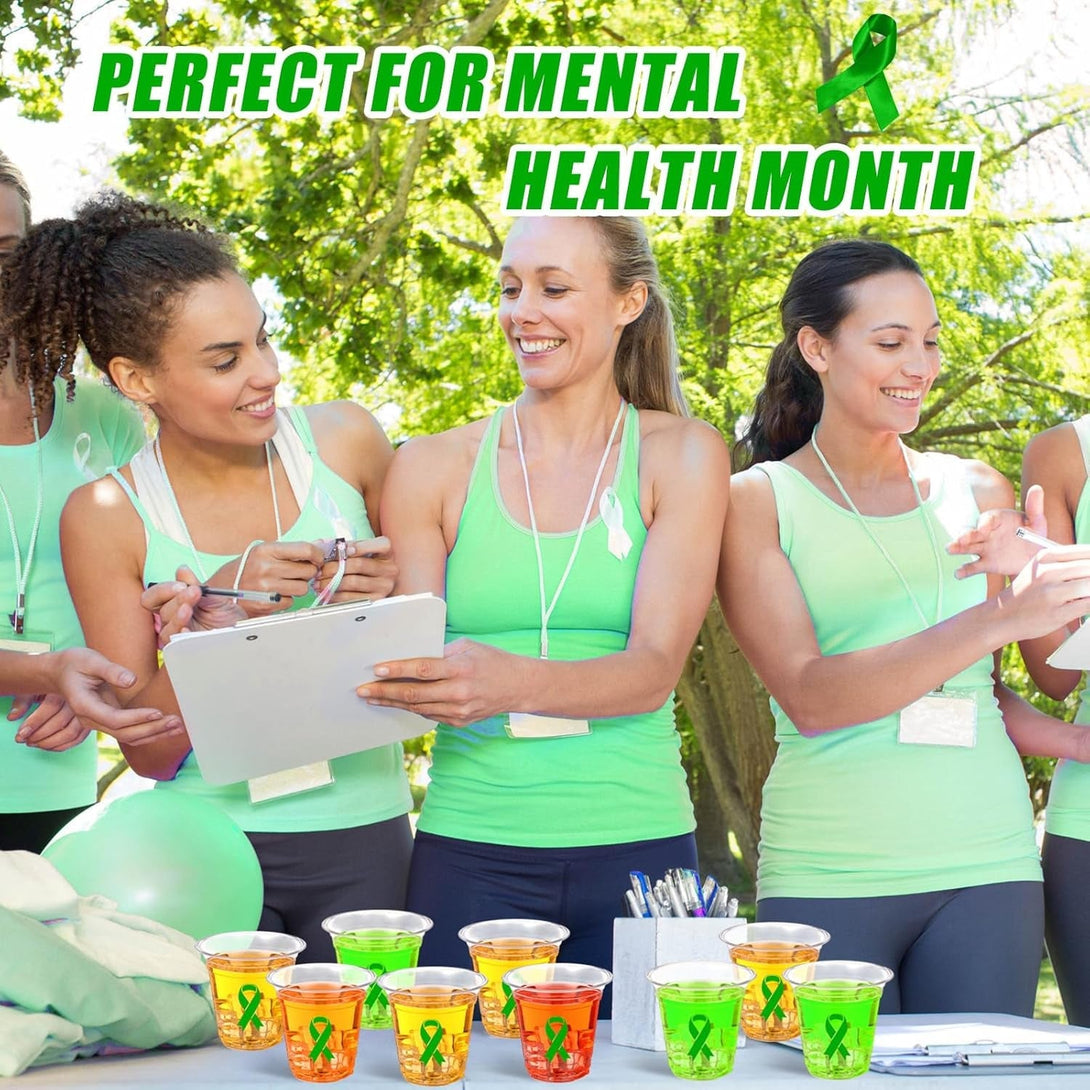 Baderke 50 Pcs Mental Health Awareness Green Ribbon Plastic Cups Bulk Disposable 12Oz Liver Cancer Awareness Plastic Cups for Transplant Bipolar Disorder Environment Issue
