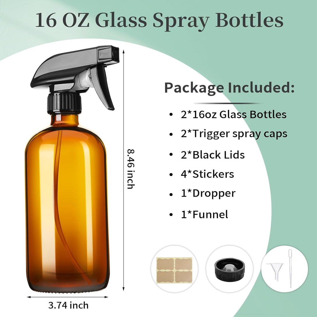 16Oz Amber Glass Spray Bottles,2 Pack Glass Spray Bottles Refillable Empty Bottle with Adjustable Nozzle,Spray Bottle for Essential Oils,Cleaning,Pets,Hair Mister