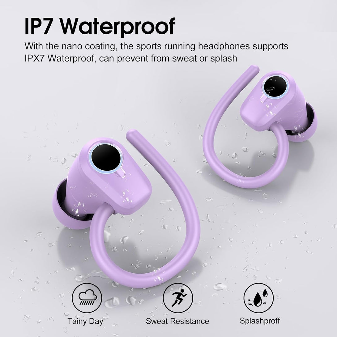 Wireless Earbuds, Bluetooth 5.3 Headphones Sport, in Ear Buds Wireless Earbuds Bluetooth 50H Playtime LED Display, Deep Bass Stereo Noise Cancelling Headphones, IP7 Waterproof Earphones, Bright Purple