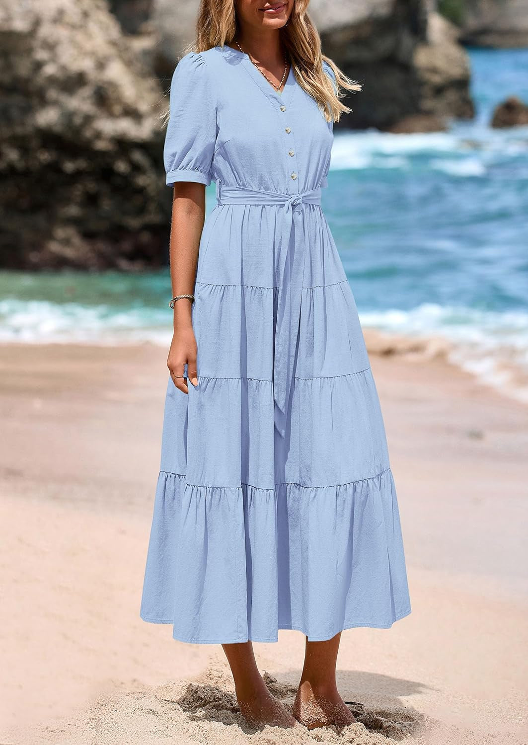 PRETTYGARDEN Women'S Midi Dress 2025 Summer Casual Short Sleeve V Neck Buttons Belted Ruffle a Line Flowy Dress with Pockets