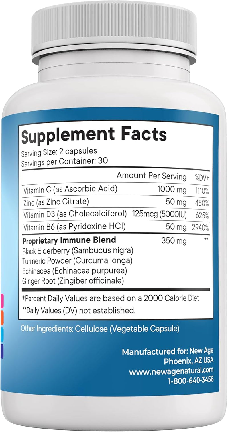 NEW AGE 8 in 1 Immune Support Booster Supplement with Echinacea, Vitamin C and Zinc 50Mg, Vitamin D 5000 IU, Turmeric Curcumin & Ginger, B6, Elderberry 120 Count (Pack of 2)