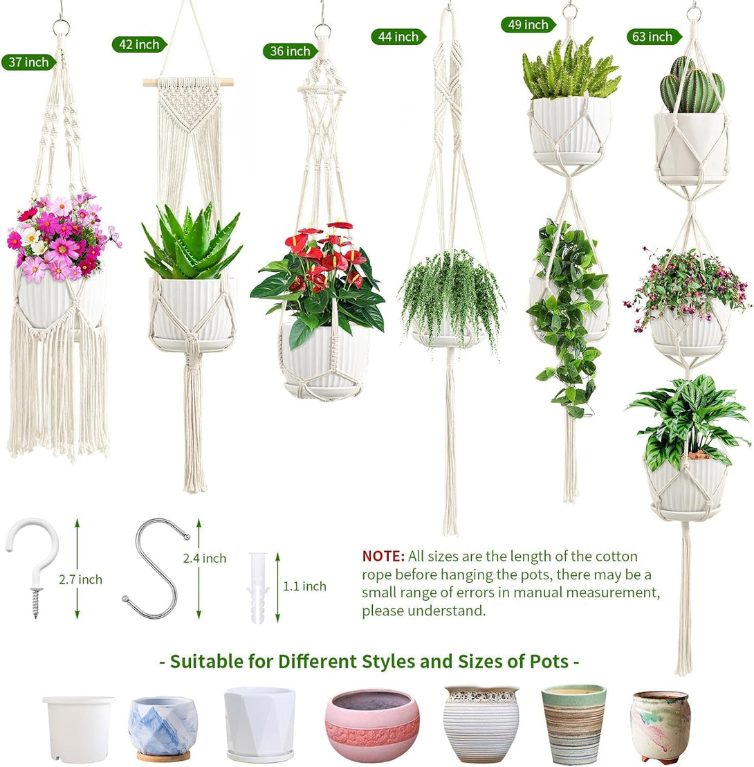 Macrame Plant Hangers, 6Pack Hanging Planters for Indoor Plants W/ 6 Set Hangers Kit Handmade Macromay Plant Hangers Indoor Flower Pots Holder Stand for Boho Home Décor (POTS NOT Included)