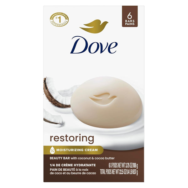 Dove Beauty Bar Soap Restoring Coconut & Cocoa Butter 6 Count for Restored Skin, Nourishes Skin 3.75 Oz