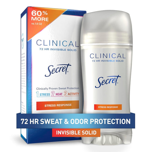 Secret Clinical Strength Antiperspirant Deodorant for Women, Stress Response, 3X Stress Protection, 72Hr Sweat & Odor Protection, PH Balancing Minerals, Invisible Solid, 2.6 Oz