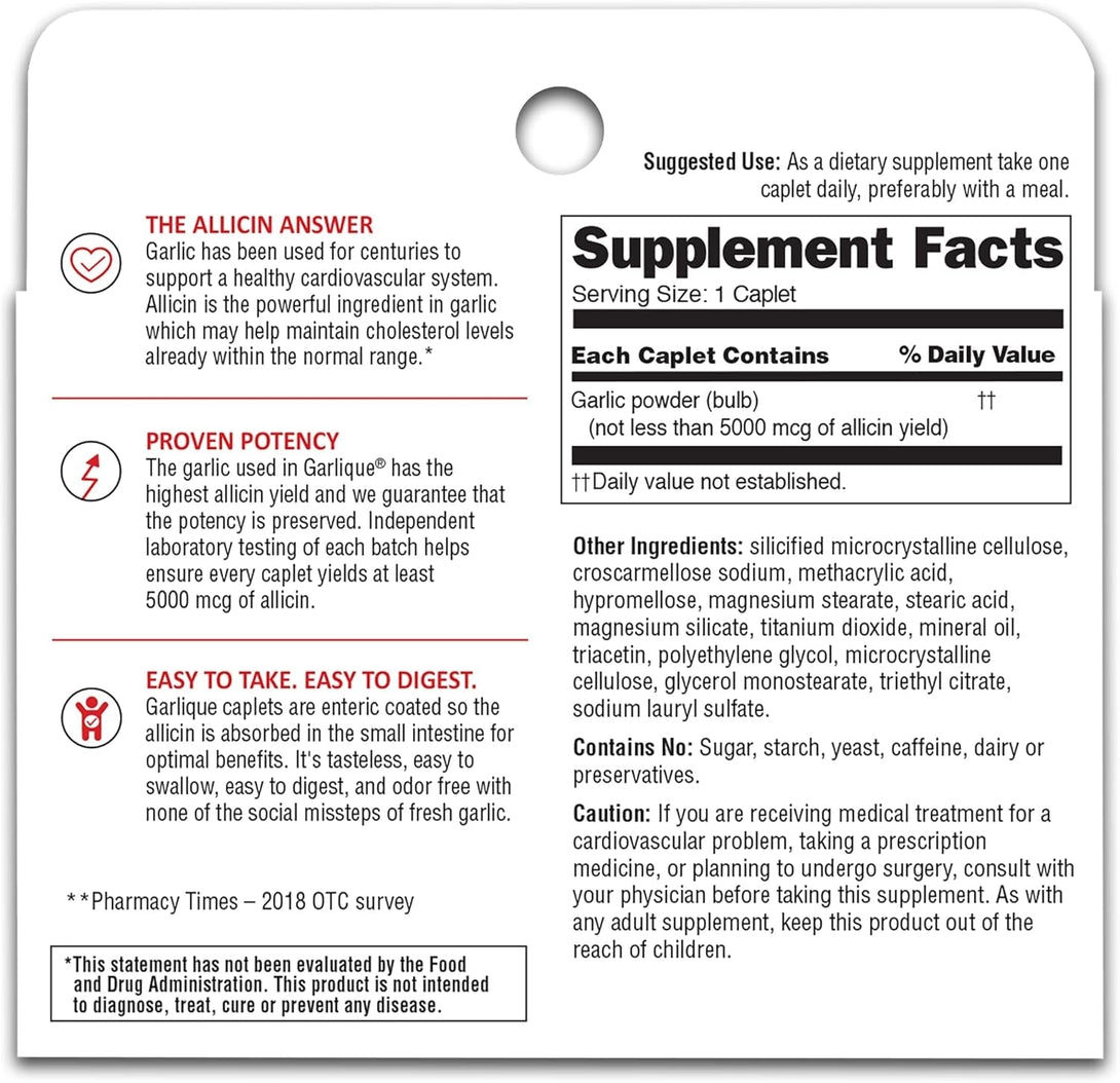 Garlique Garlic Extract Supplement, Healthy Blood Pressure Formula, 1800 Mcg Allicin, Odorless & Vegan, 60 Caplets