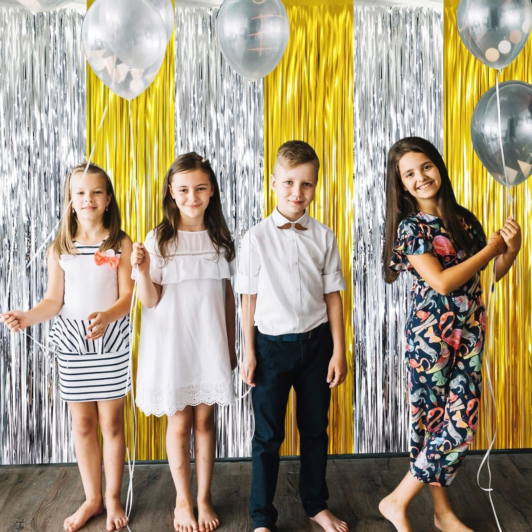 GOER 6.4 Ft X 8.2 Ft Metallic Tinsel Foil Fringe Curtains Party Backdrop Party Streamers for Birthday,Graduation,New Year Eve Decorations Wedding Decor (2 Pcs,Gold&Silver)