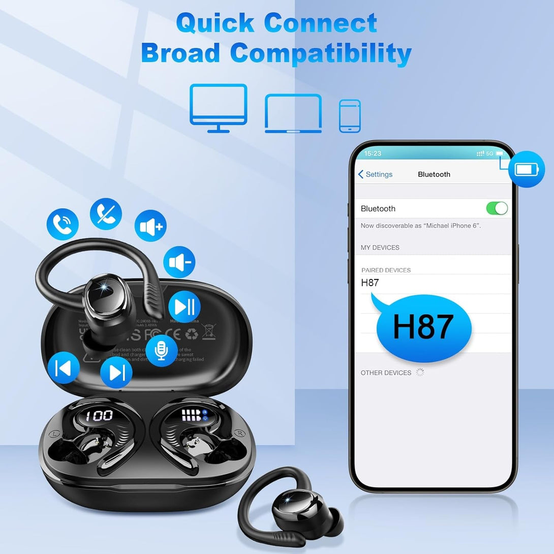 Wireless Earbuds Bluetooth 5.4 Headphones Sport, 2025 Bluetooth Earbuds with Earhooks, 50H Stereo over Ear Buds, Earphone with 4 ENC Noise Canceling Mic, IP7 Waterproof Headset for Running/Gym/Workout