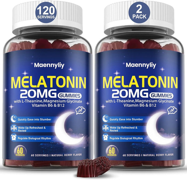 Melatonin 20Mg Gummies for Adults - Sugar Free Melatonin Gummies Extra Strength with L-Theanine, Magnesium, Ashwagandha, Turmeric, D3 & Zinc - Non-Habit Forming