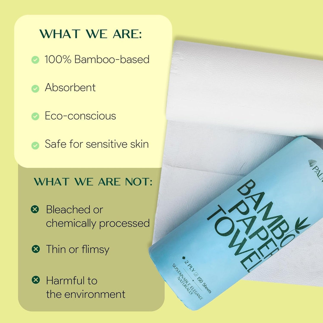 100% Bamboo Paper Towels | Lint-Free Polishing & Cleaning | 2-Ply, 150 Sheets/Roll – 12 Rolls | Tree-Free, Bpa/Pfas-Free, FSC Certified, Compostable | PALM NAKI