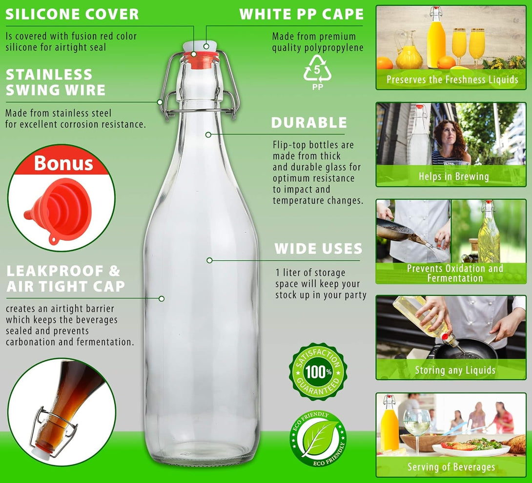 Flip Top Glass Bottle [1 Liter / 33 Fl. Oz.] [Pack of 6] – Swing Brewing with Stopper for Beverages, Oil, Vinegar, Kombucha, Beer, Water, Soda, Kefir Airtight Lid & Leak Proof Cap Clear