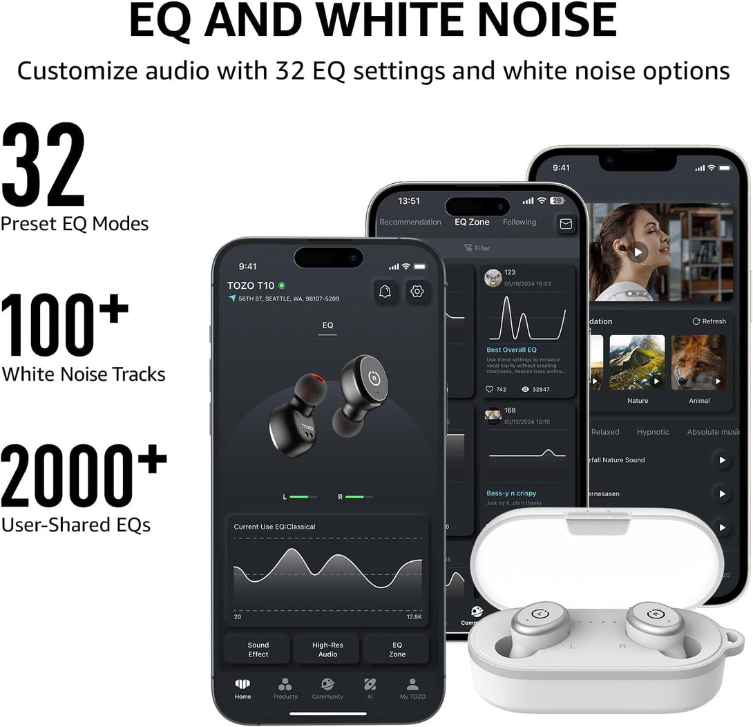 TOZO T10 True Wireless Bluetooth 5.3 Earbuds, 45H Playtime, Wireless Charging Case, IPX8 Waterproof Stereo Headphones in Ear Built in Mic Headset Premium Sound with Deep Bass, 32 Preset Eqs via APP