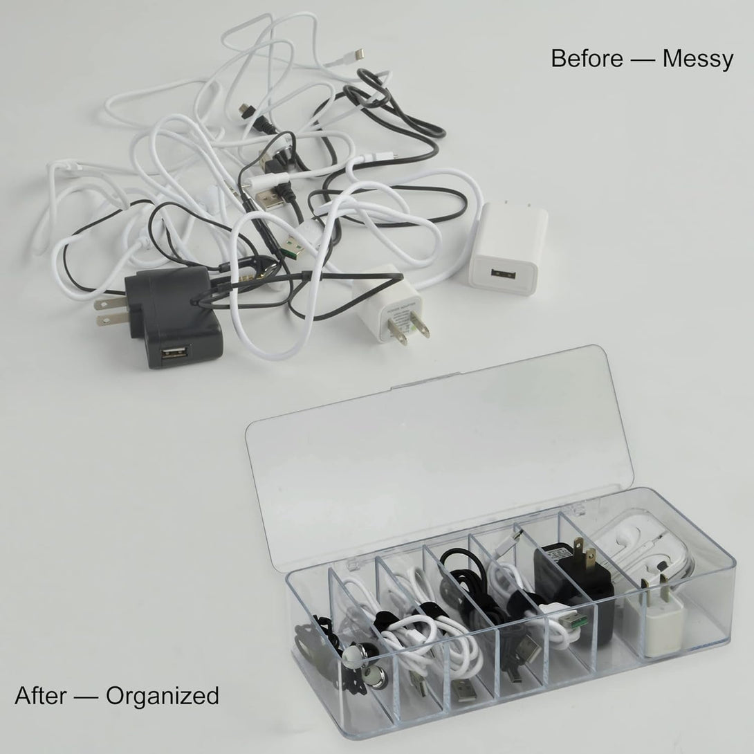 Electronics Organizer 7 Sections Clear Acrylic Cable Storage Bin Box Cord Holder with 20 PCS Reusable Fastening Fabric Cable Ties Straps Cord Wraps (7 Sections/With Cover)
