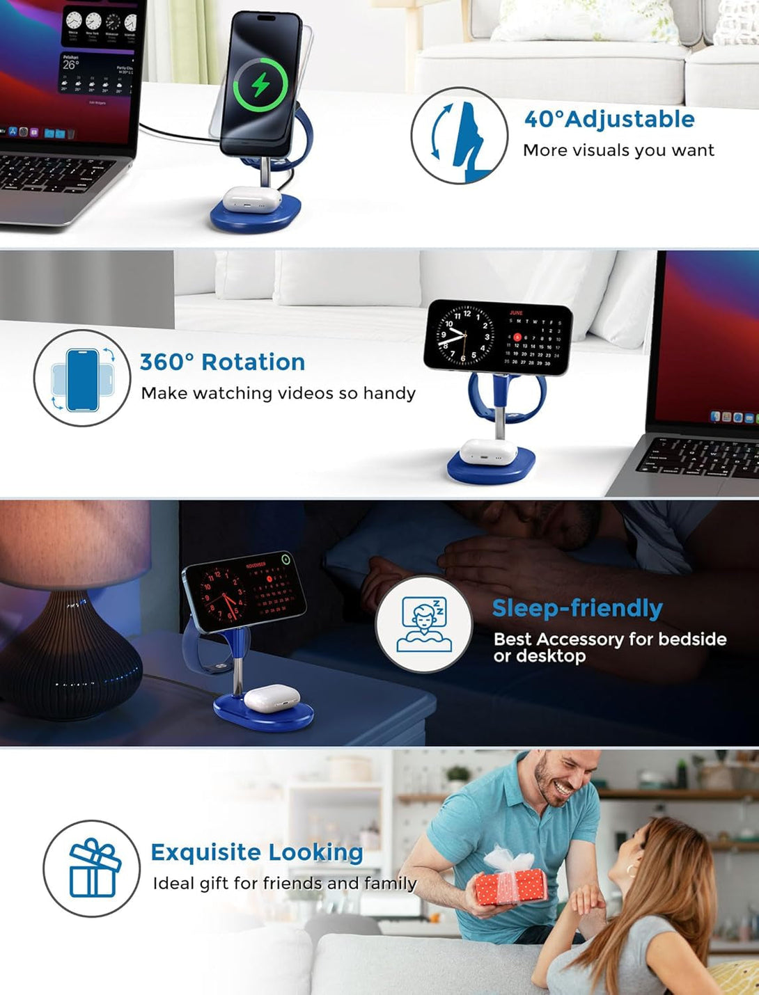 3 in 1 Wireless Charging Station for Apple Magsafe Charger, 15W Fast Qi-Certified Magnetic Mag-Safe Charger Stand for Iphone 16 15 14 13 12 Apple Watch Airpods, Adjustable Angle, Blue