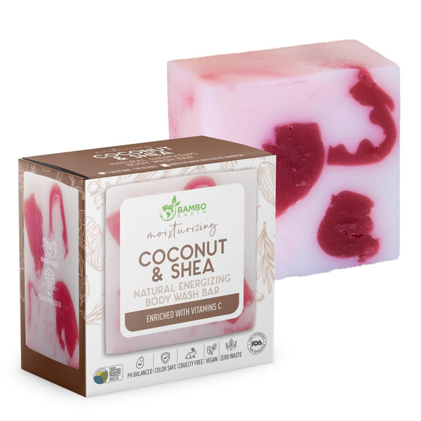 Solid Moisturizing Body Wash Bar Soap – Natural Dry Gel Bodywash Shower Bars with Plant Based Essential Oil and Zero Waste Packaging - Use with Hair Shampoo & Conditioner (Coconut & Shea)