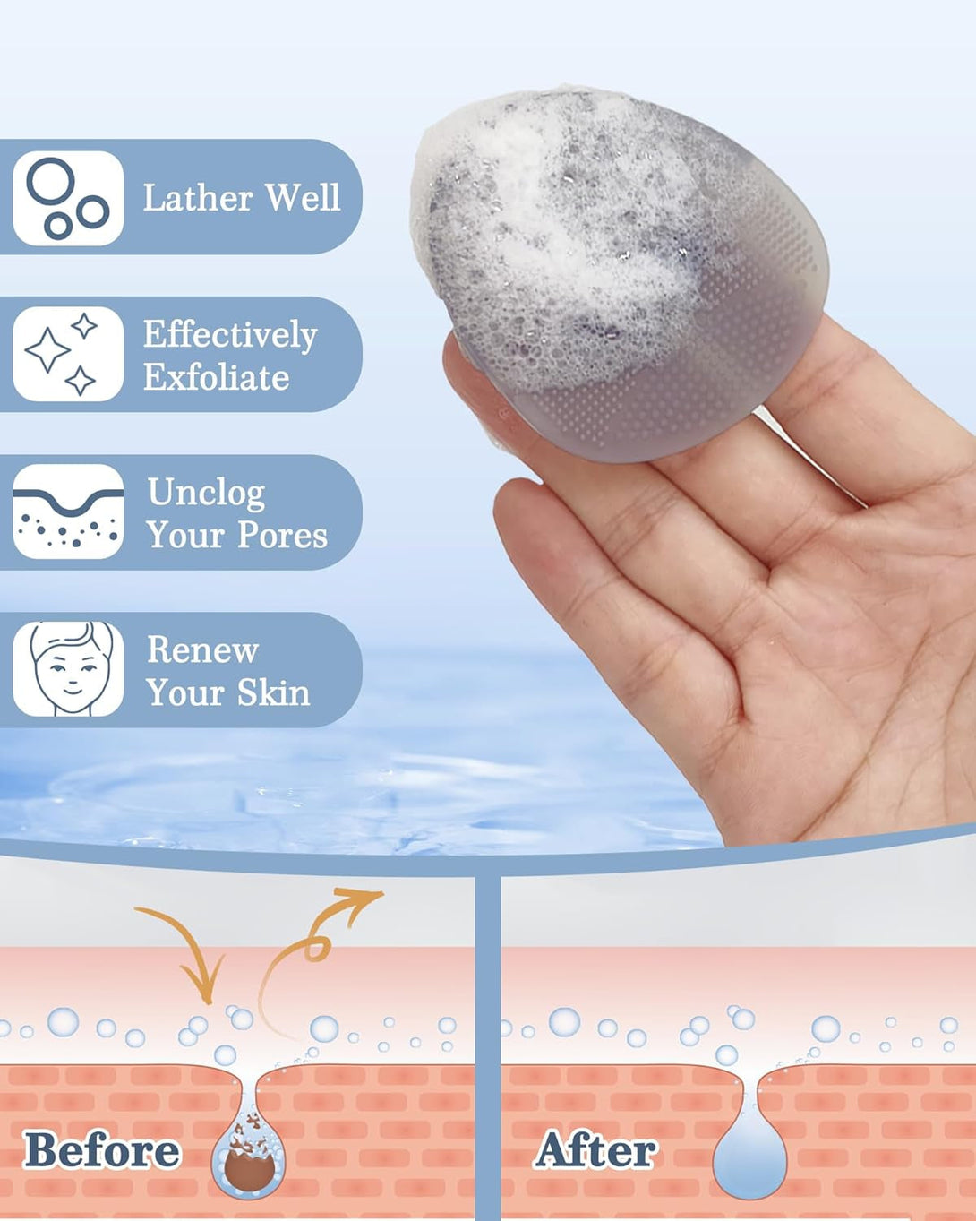 Manmihealth Silicone Back Scrubber (Thin Bristles) & Bath Glove & Face Brush Set(3Pcs), Super-Exfoliating & Lathering Body Scrubber, Shower Brush, Face Scrubber Combination, with a Free Hook.(Gray)