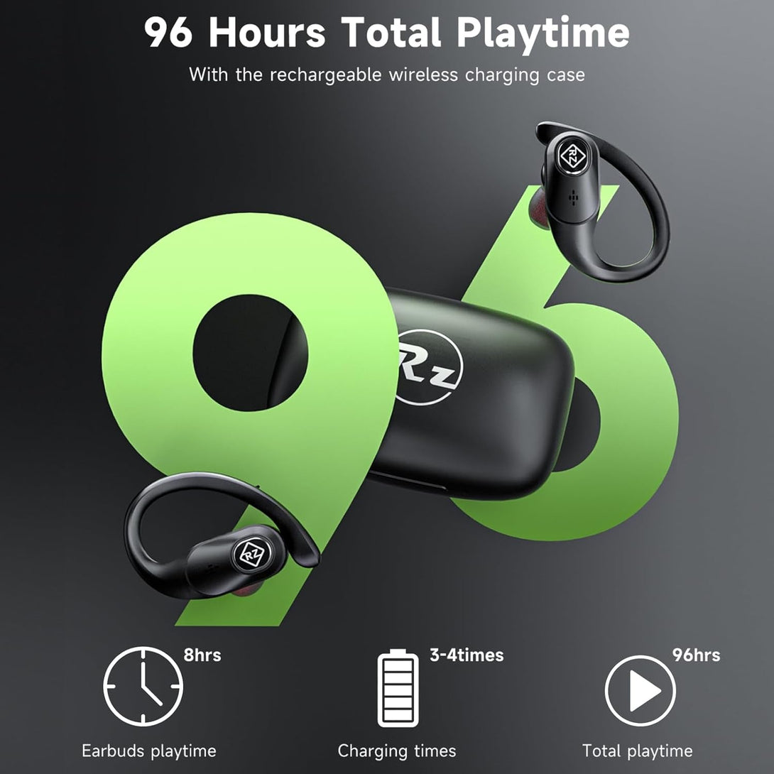Wireless Earbuds Bluetooth Headphones 96H Playtime LED Display Waterproof Built in Mic Deep Bass Sound Secure over Ear Buds Earhooks for Iphone Android Samsung Cell Phones Sport Running Workout Gaming