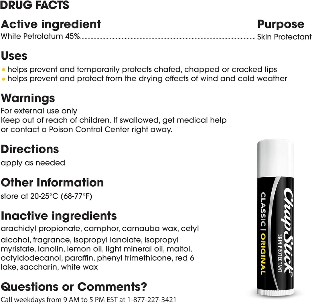 Chapstick Classic Original Lip Balm Tubes, Lip Care - 0.15 Oz (Pack of 3)