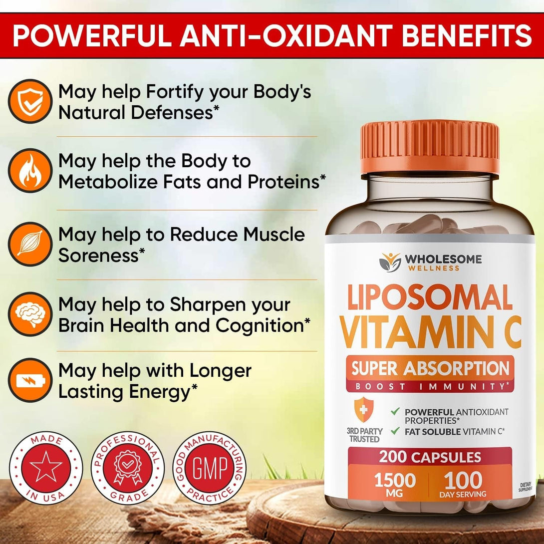 Wholesome Wellness Liposomal Vitamin C Capsules (200 Pills 1500Mg Buffered) High Absorption, Immune System & Collagen Booster, High Dose Fat Soluble Immunity Support Ascorbic Acid, Natural Vegan