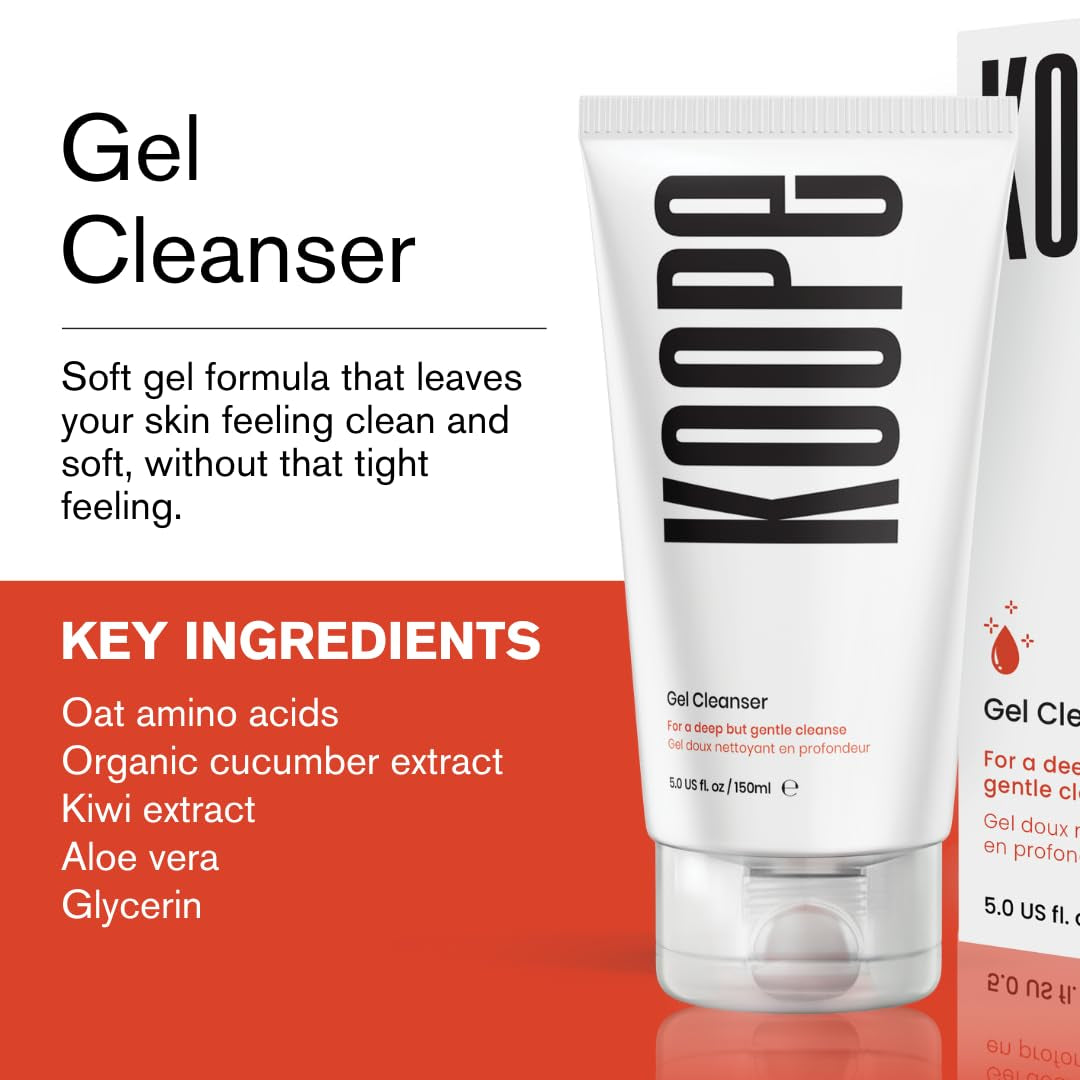 Koope Gel Face Wash, Cleanser for All Skin Types, Gentle, Soap-Free, Ph Balanced, Makeup Remover with Oat Amino Acids, Cucumber, Kiwi & Aloe, Free of Parabens, Sulphates & Fragrances, Vegan, 5.0 FL OZ