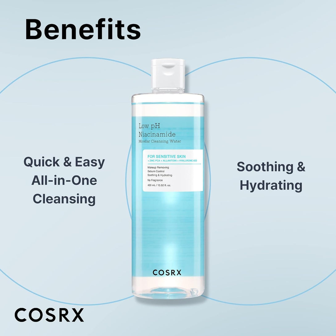 COSRX Low Ph Niacinamide Micellar Cleansing Water Daily Mild Facial Cleansing Wash for Sensitive Skin, Sebum Control, Korean Skin Care (13.52Fl.Oz/400Ml)