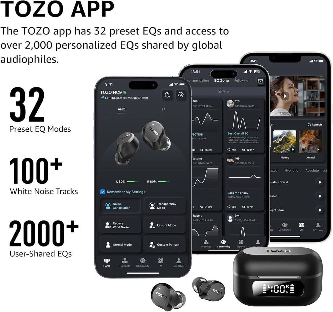 TOZO Hybrid Active Noise Cancelling Wireless Earbuds, 6 Mics ENC Clear Call, IPX8 Waterproof, in Ear Bluetooth 5.3 Headphones Stereo Bass Ear Buds 59H Playtime with LED Display 32 Eqs via APP