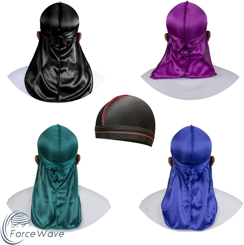 4PCS Silky Durags for Men Women 360 Waves with 1 Wave Cap, Silky Satin Durag Extra Long Tails