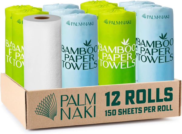 100% Bamboo Paper Towels | Lint-Free Polishing & Cleaning | 2-Ply, 150 Sheets/Roll â€“ 12 Rolls | Tree-Free, Bpa/Pfas-Free, FSC Certified, Compostable | PALM NAKI