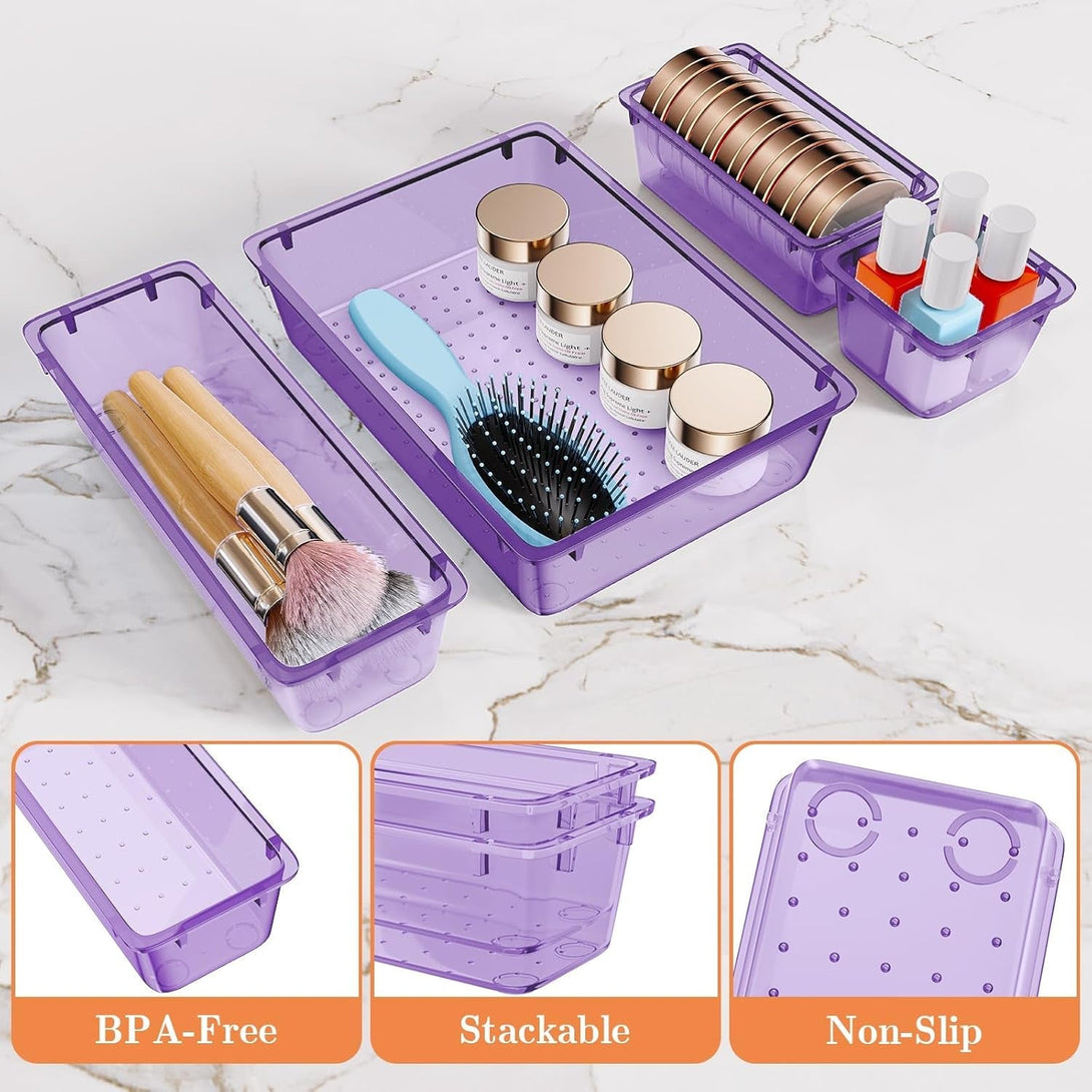 25 PCS Plastic Drawer Organizer Set, 4-Size Versatile Organizer Trays & Storage Bins for Makeup, Jewelry, and Gadgets in Bathroom, Bedroom and Office, Purple