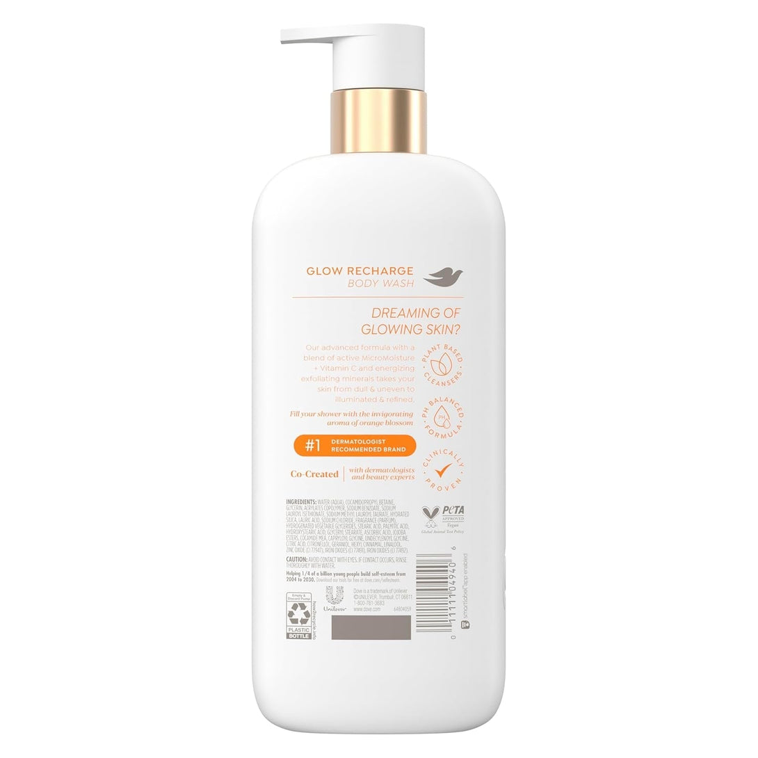 Dove Exfoliating Body Wash Glow Recharge Energizes & Illuminates Skin 3% Brightening Serum with Vitamin C 18.5 Oz