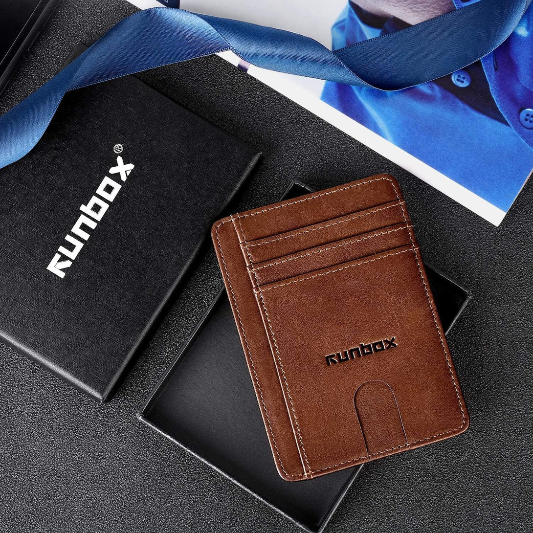 RUNBOX Black Slim Minimalist RFID Blocking Front Pocket Leather Wallets for Men Women Gift Box