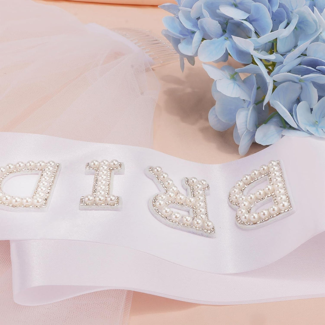 Chanaco Bride to Be Sash Bridal White Veil for Wedding 2Pcs Bride Pearl Satin Sash Bachelorette Party Decorations Double Edge Center Cascade Bridal Shower Veil with Comb Engagement Gifts