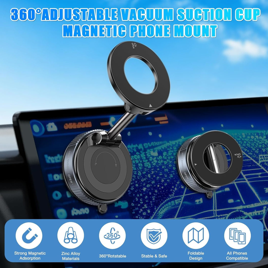 360° Vacuum Suction Cup Magnetic Phone Holder,2025 Foldable and Adjustable Magnetic Suction Phone Mount for Magsafe All Phones Universal Rotatable Cellphone Holder Stand for Car/Mirror/Smooth Surface