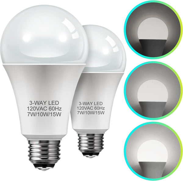 3 Way Light Bulbs, LOHAS 3 Way LED Light Bulbs 50 100 150W Equivalent, Daylight White 5000K, Three Way A19 Light Bulbs, E26 Base LED Bulbs for Desk Lamps, Floor Lamps, Table Lamps, 2 Pack