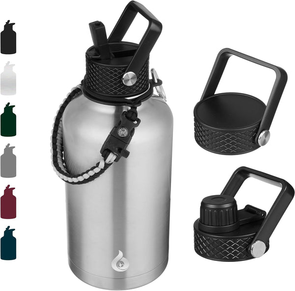 BJPKPK Half Gallon Insulated Water Bottles with Straw Lid, 64Oz Large Water Jug, Stainless Steel Bottles with 3 Lids and Paracord Handle, Thermos for Hot & Cold Liquid, Stainless Steel