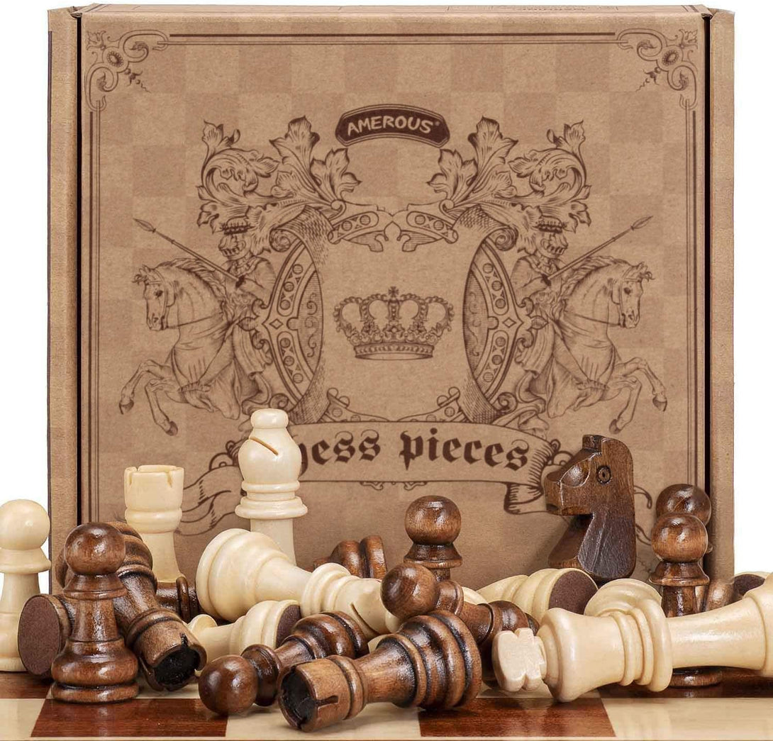 AMEROUS Wooden Chess Pieces Only, Staunton Style Wood Chessmen with 3.15" King - Storage Bag - Gift Packed Box, Tournament Chess Game Pawns for Replacement of Missing Pieces