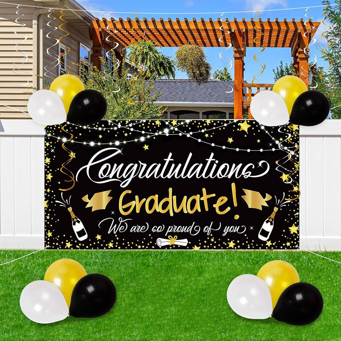 90Shine Graduation Decorations Class of 2025 - Lighted Large Congrats Grad Banner Garland Photo Backdrop+Balloons+Hanging Swirls Party Supplies (25PCS, Black, Not Include Battery)