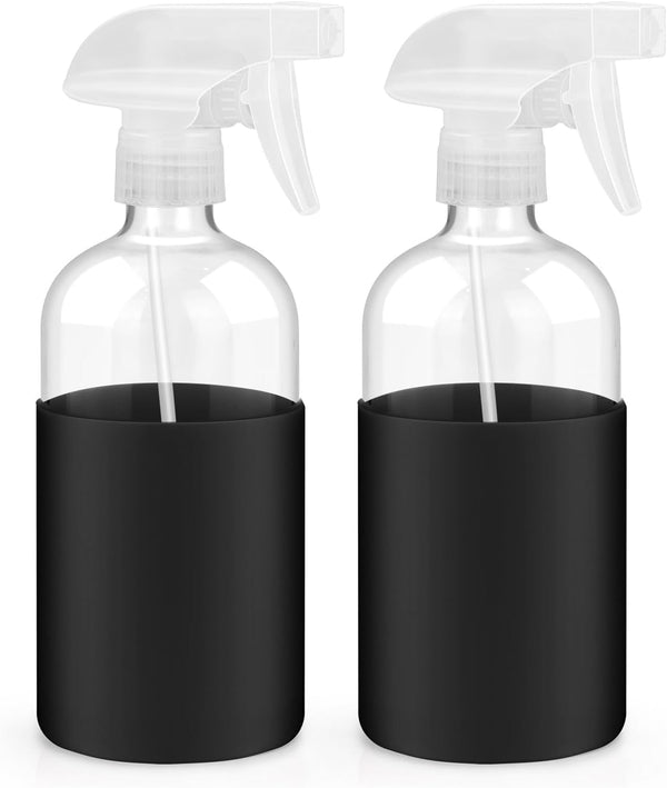 2 Pack Glass Spray Bottles with Long Silicone Sleeve, 16 Oz Empty Refillable Containers with Adjustable Spray Nozzles, Spray Bottles for Hair, Cleaning Solutions and Plants 2 Pack Black
