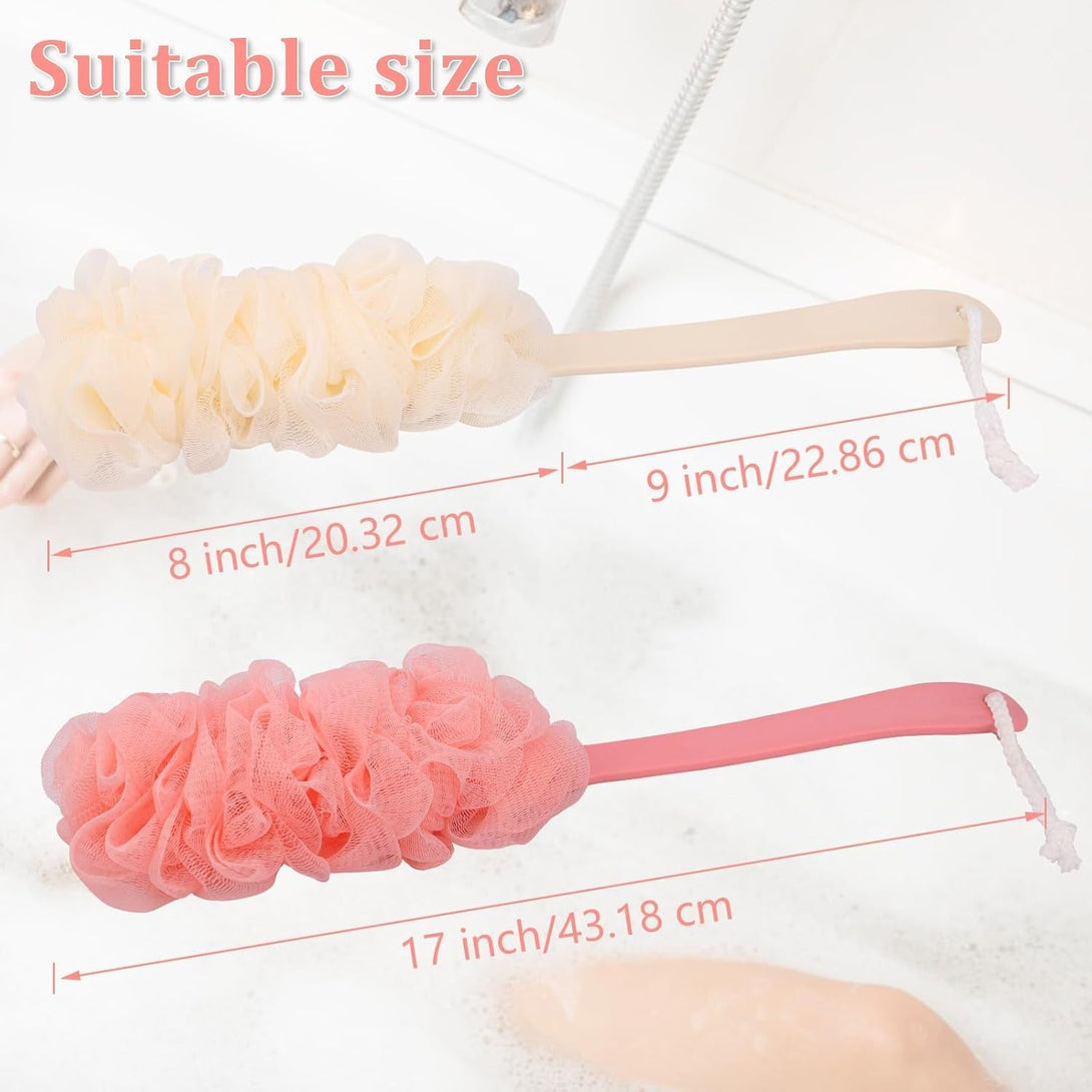 4Pack Back Scrubber for Shower Loofah with Long Handle, Shower Brush for Body, 17″ Loofah on a Stick for Men Women Bathing Accessories, Scrubber Sponge for Exfoliating Bath Brushes (Beige & Pink)