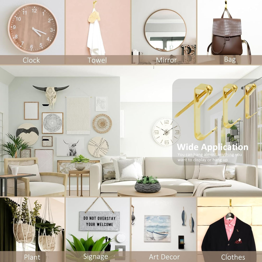 200 Pieces Picture Hangers, 3 Sizes Picture Hanging Kit Including 10Lb/30Lb/50Lb Picture Hanging Hooks, Heavy Duty Picture Hooks with Nails for Drywall Wooden Wall (Gold)