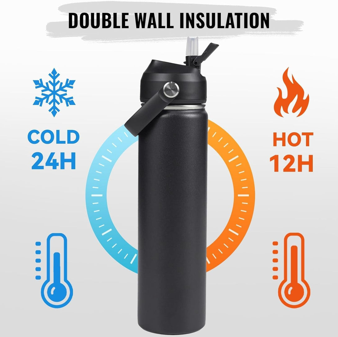 24Oz Insulated Stainless Steel Water Bottle, Wide Mouth Double Wall Vacuum, Silicone Straw, Sweat & Leak Proof, BPA Free Insulated Water Flask for Travel, Keep Cold 24H Hot 12H, Black