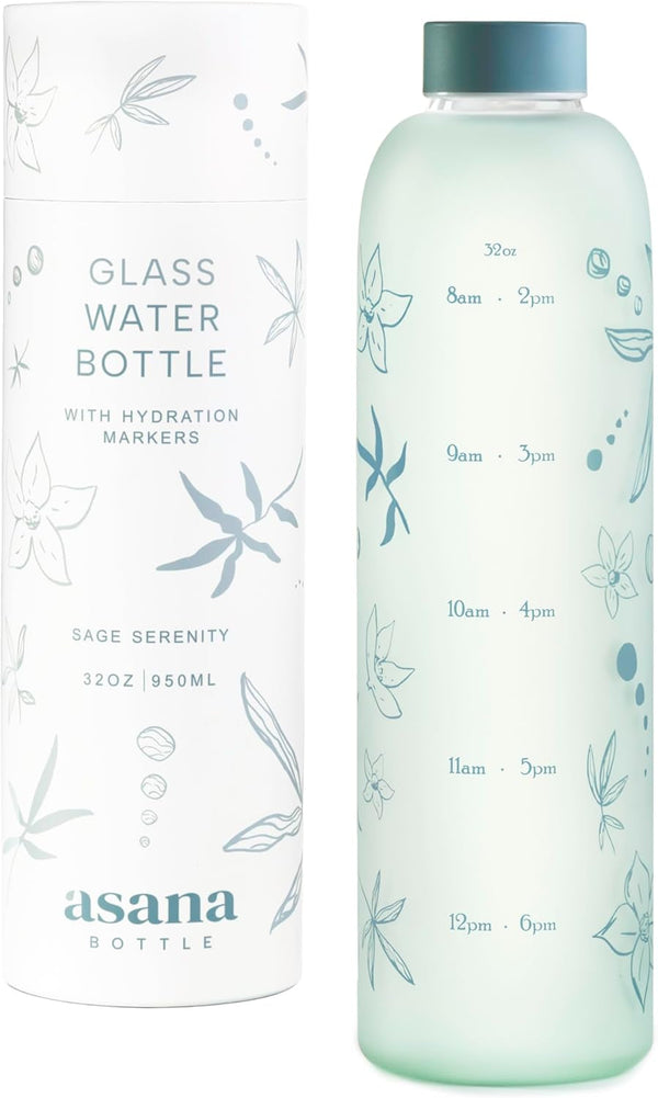 32 Oz Glass Water Bottle with Time Marker, BPA Free Borosilicate Glass, Premium Leakproof Reusable Water Bottle with Times to Drink (Sage Serenity)