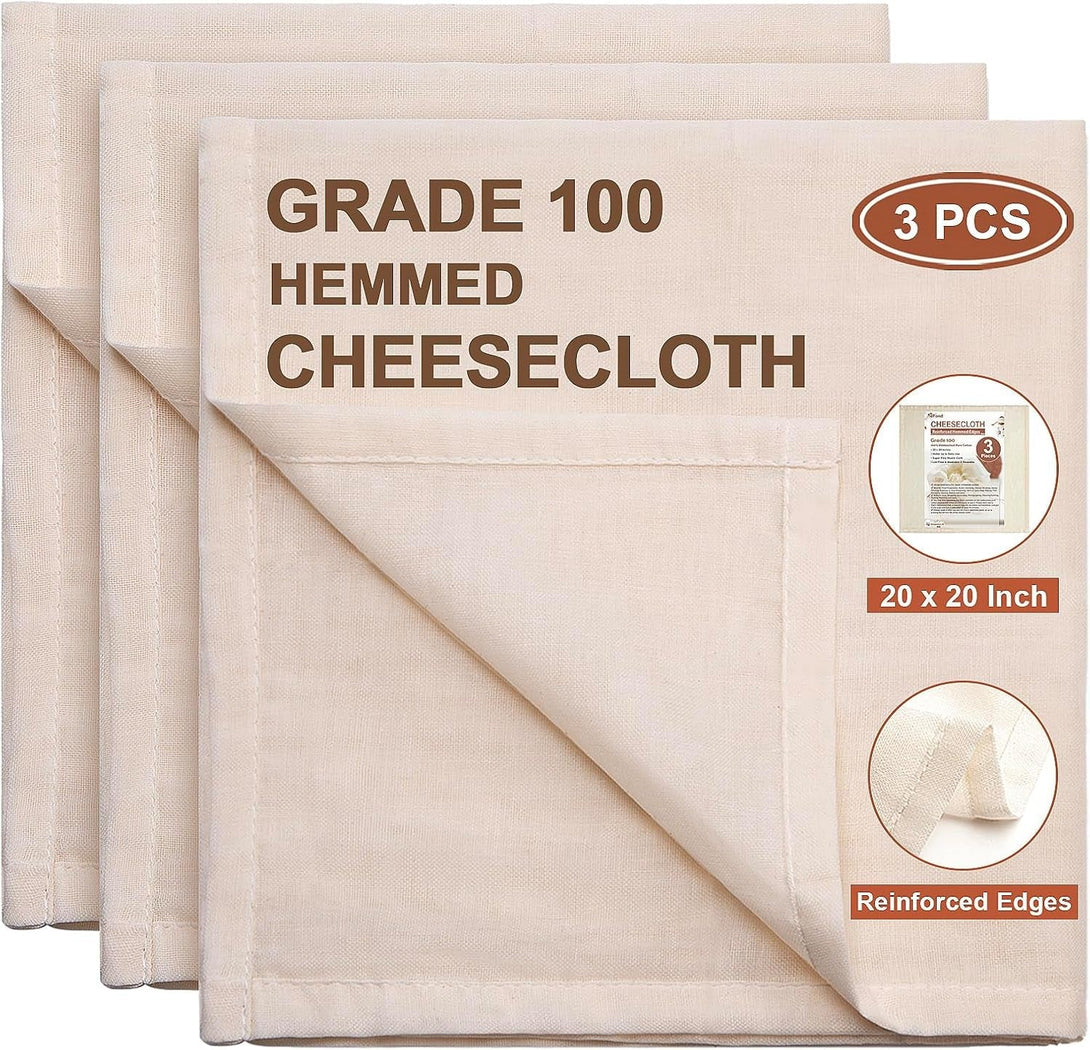 Cheese Cloths, 3PCS Precut 20X20 Inch, Grade 100 Hemmed Cheesecloth for Straining Cooking, Fine Mesh Cloth Strainer Reusable, 100% Unbleached Cotton Muslin Cloth for Juicing Baking Cheese Making