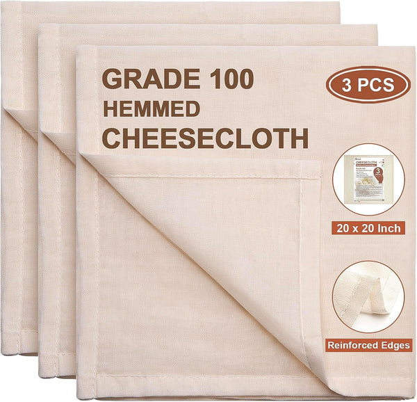Cheese Cloths, 3PCS Precut 20X20 Inch, Grade 100 Hemmed Cheesecloth for Straining Cooking, Fine Mesh Cloth Strainer Reusable, 100% Unbleached Cotton Muslin Cloth for Juicing Baking Cheese Making