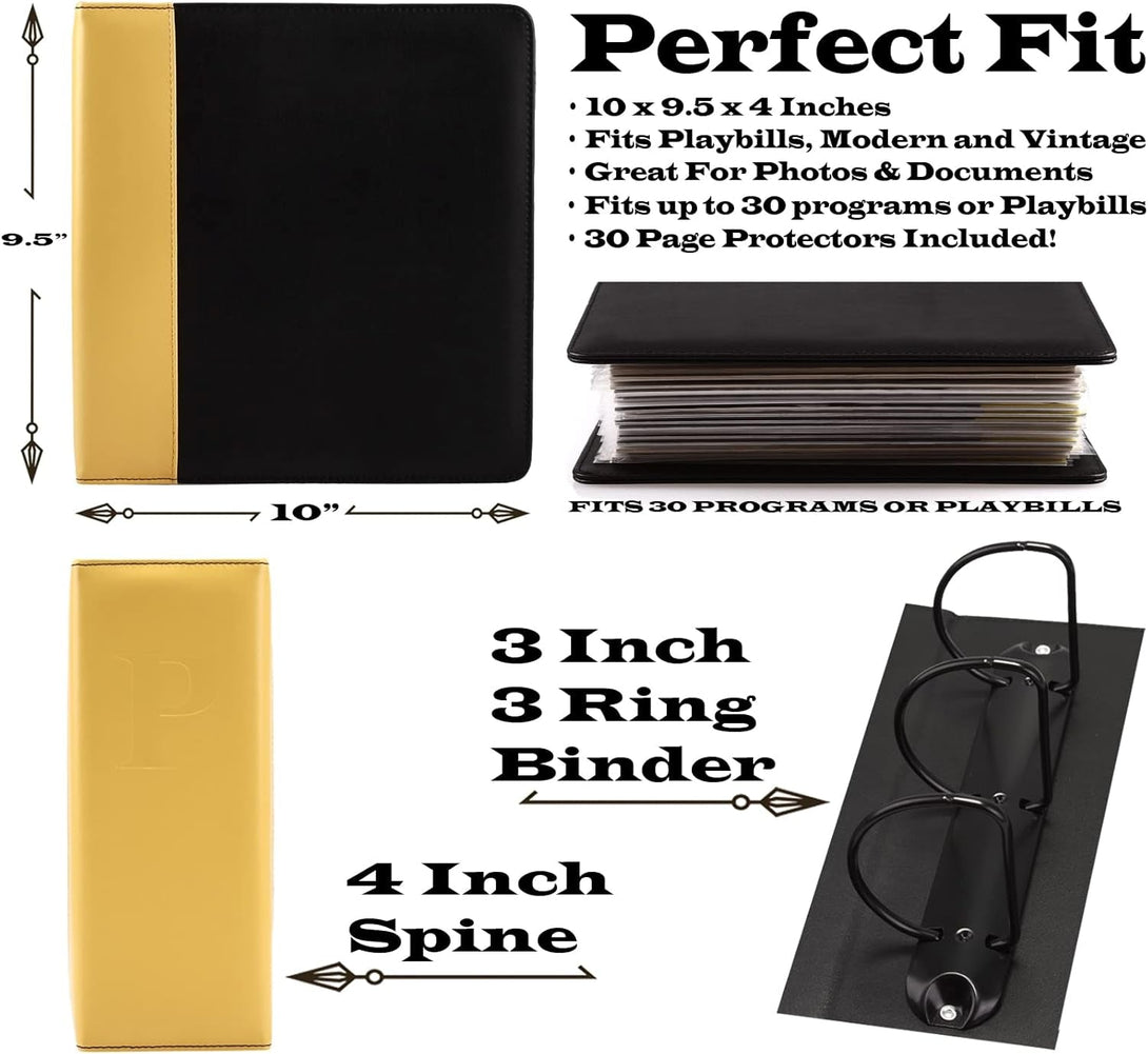 2Fold Binder for Holding Broadway Play Program and Theater Programs with 30 Custom Sheet Protectors - PU Leather - Fits Programs from Mid 1980S to Modern (Yellow/Black Embossedp)