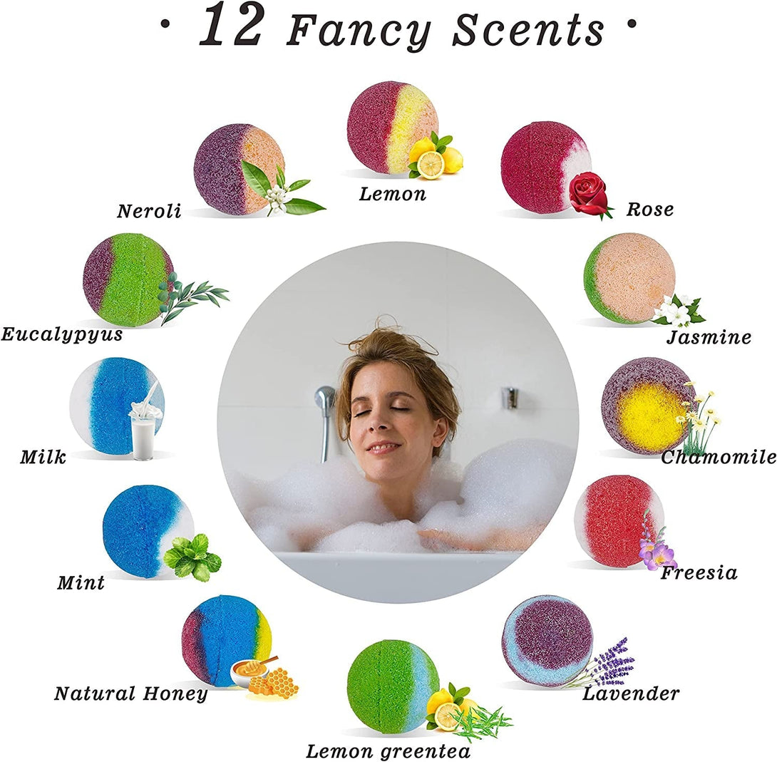 Bath Bombs, 12PCS Bath Bomb Set for Women Gift, Natural Organic Bath Fizzy Bomb with Pure Essential Oil, Relaxing Mini Bathbombs with Reusable Gift Box, Galentines Day Gifts Set for Women and Men
