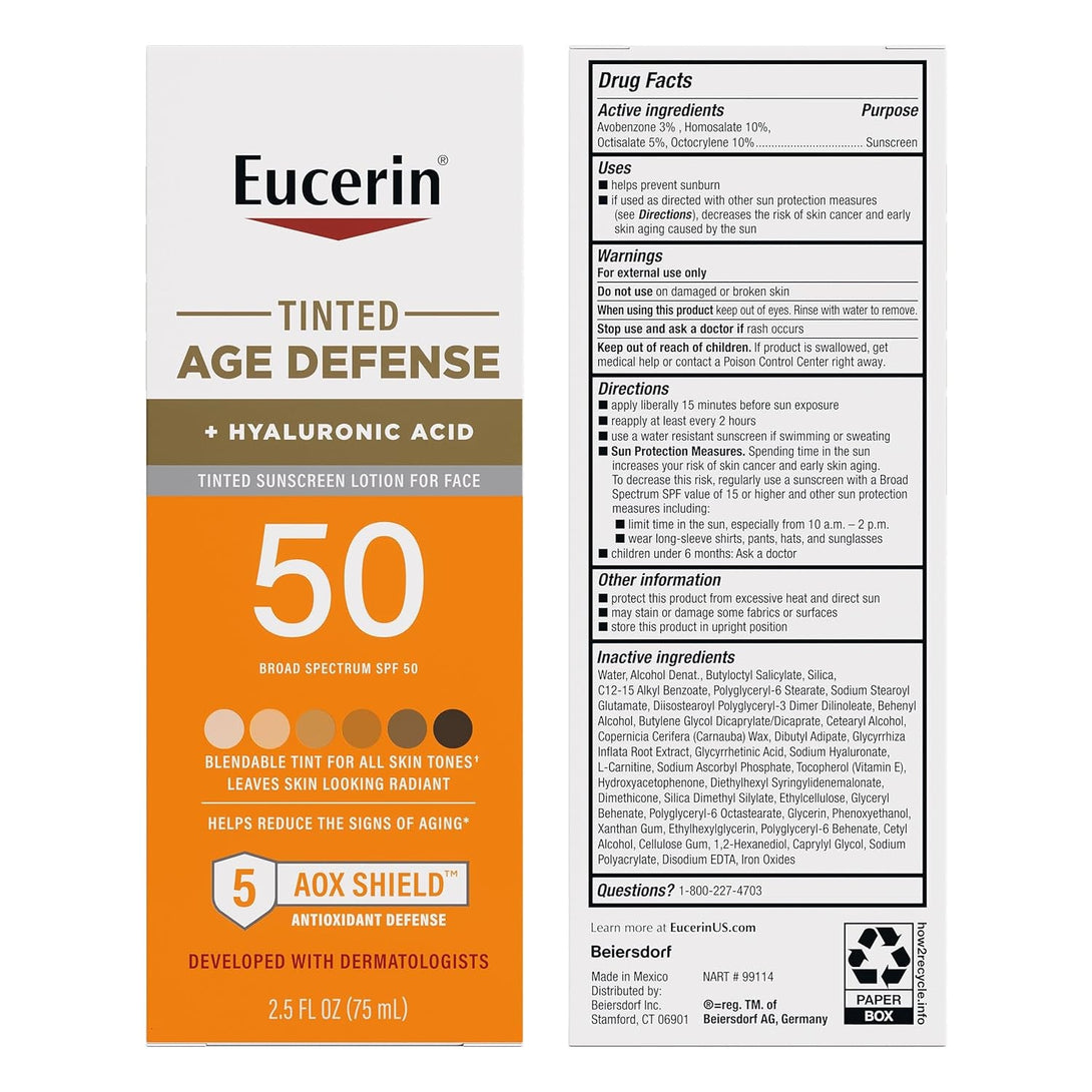 Eucerin Sun Tinted Age Defense SPF 50 Face Sunscreen Lotion with Hyaluronic Acid, Hypoallergenic, Non-Comedogenic Tinted Sunscreen SPF 50 Free of Fragrance, Oxybenzone and Octinoxate, 2.5 Fl Oz Bottle